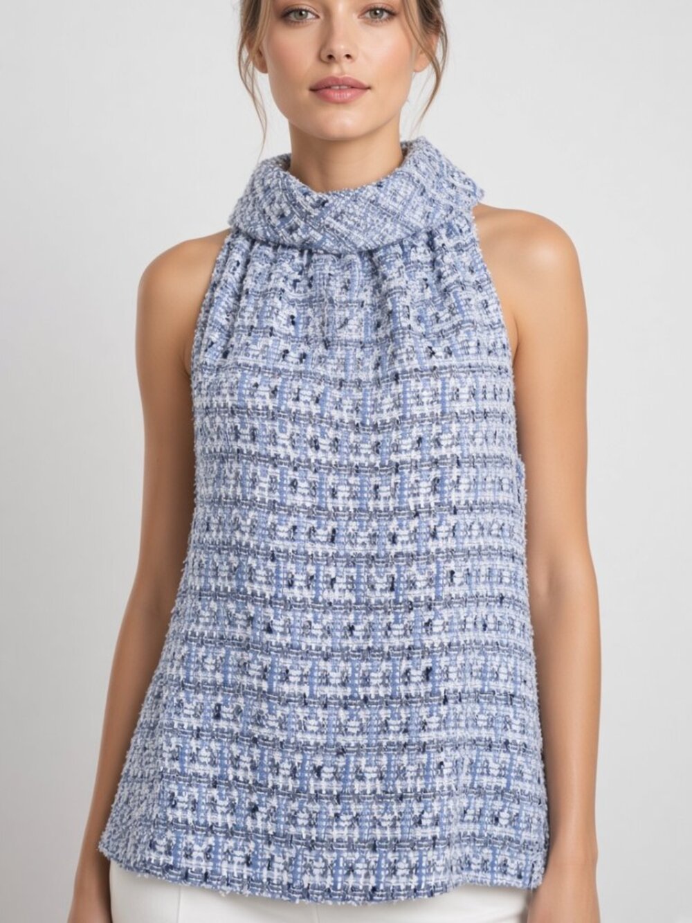 Sail to Sable Blue Multi Tweed Cowl Neck Top